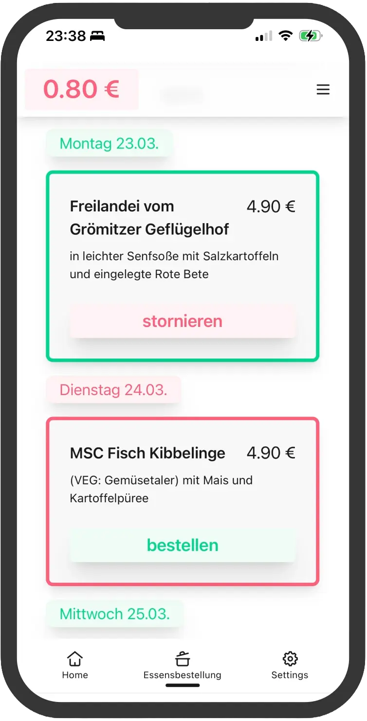 Essensbestellungsansicht in der App Essensbestellungsansicht in der App